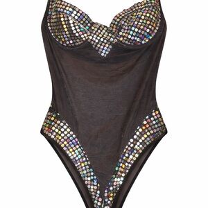 Vintage Black Bodysuit with Iridescent Sequin Accents